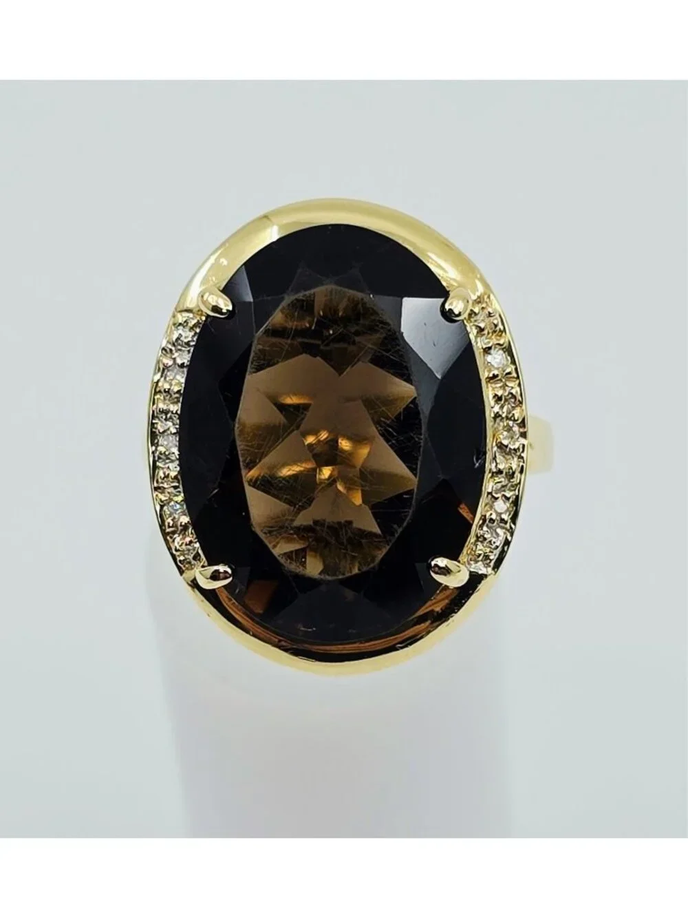 Elegant Large 14K Yellow Gold Designer Smoky Quartz & Diamond Ring - Size 10